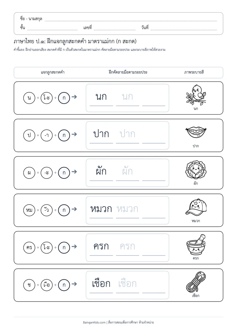 ปก มาตราตัวสะกด: ฝึกแจกลูกสะกดคำ แม่กก (ก) (ชุดที่ 5)